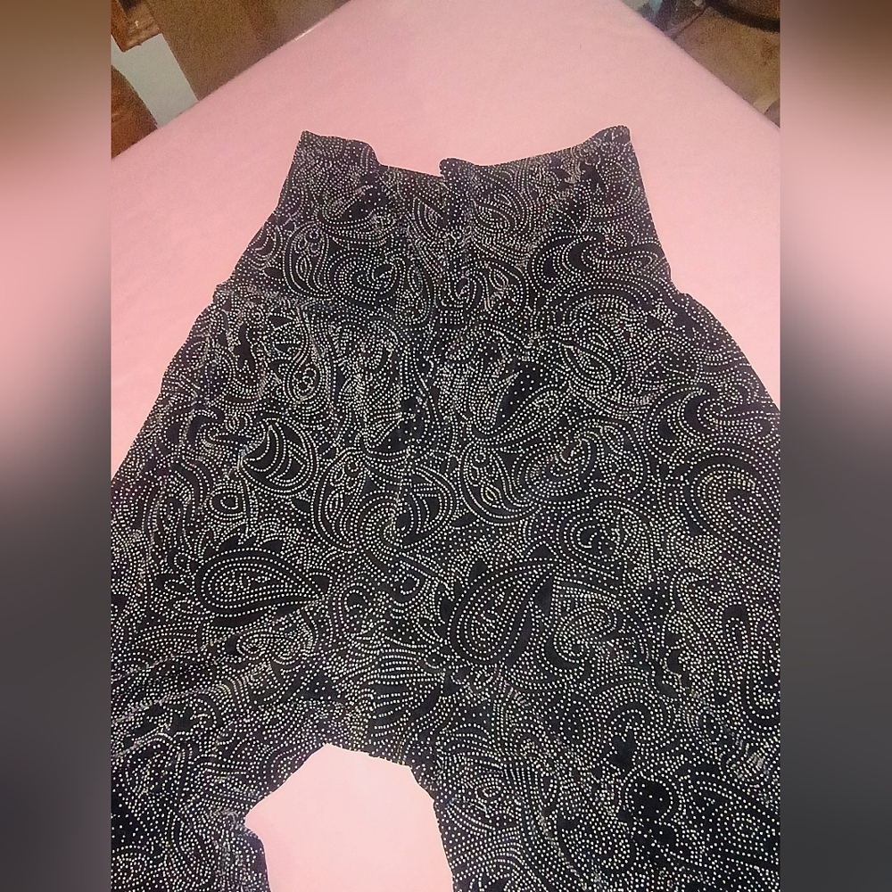 Elegant Black Paisley Wide Leg Women's Pants
